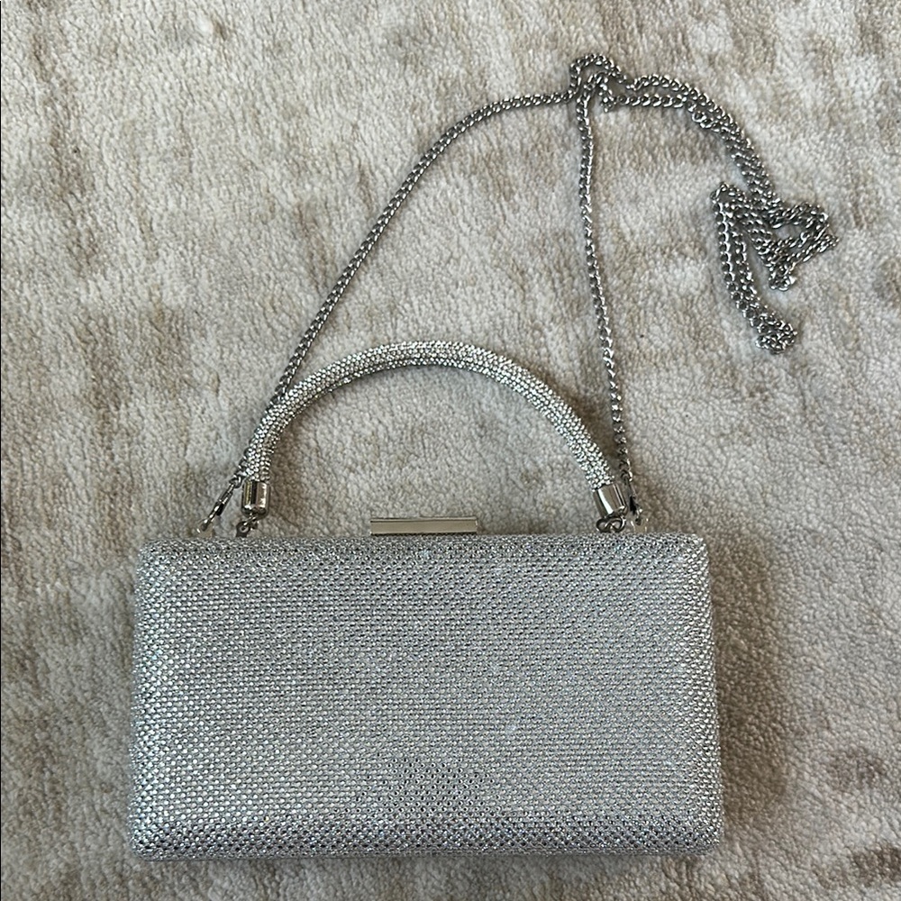 Dune London Silver Crystal-Effect Evening Clutch with Chain